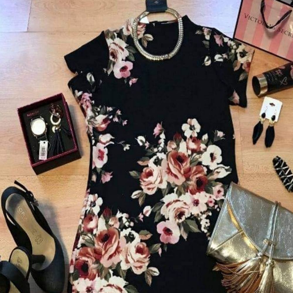 🌸"GLITZ" Pullover Stretch Short Sleeve Black Floral Midi Dress 2x - Picture 12 of 12